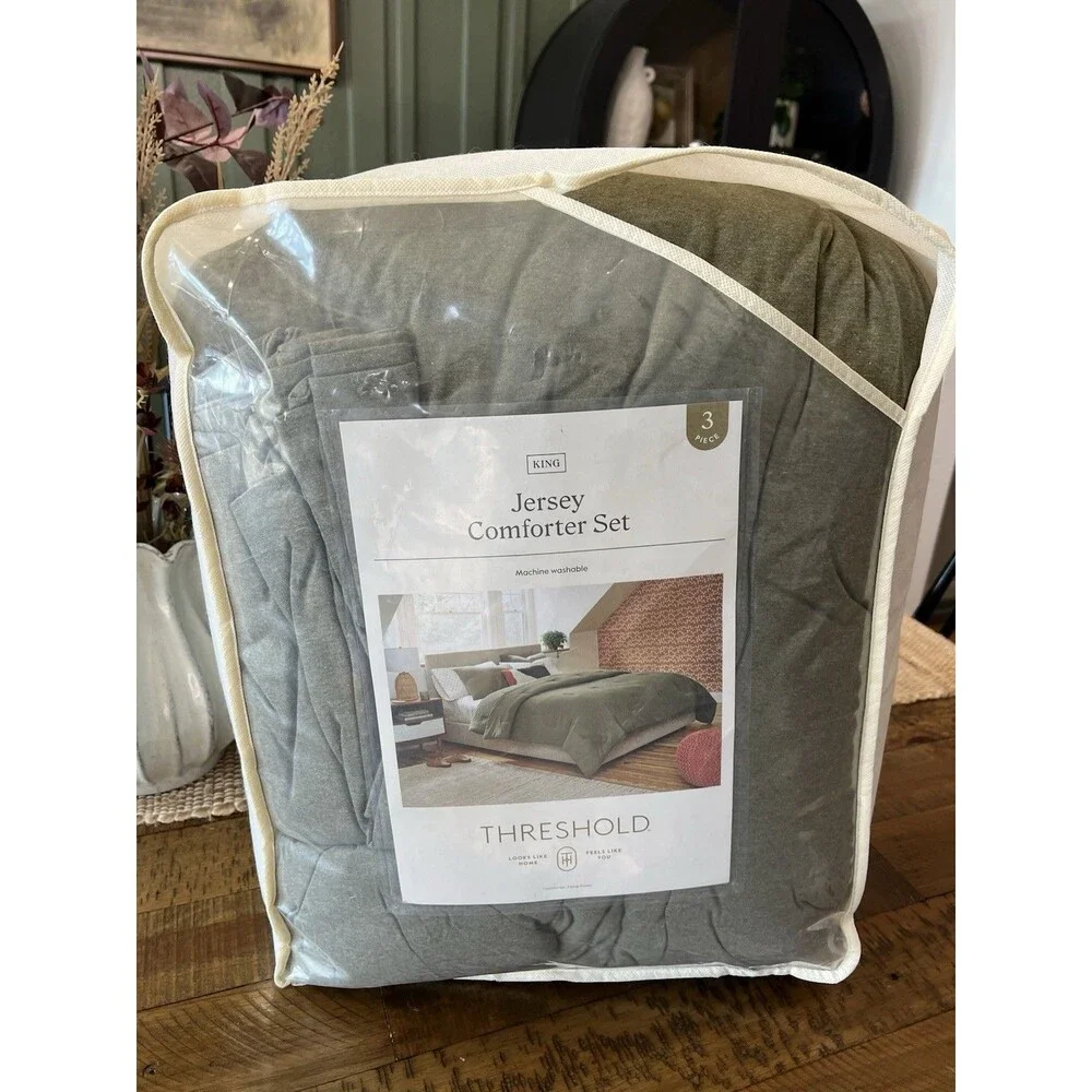 King Dark Olive Green Heather Jersey Comforter Set - Threshold Modern Design NEW